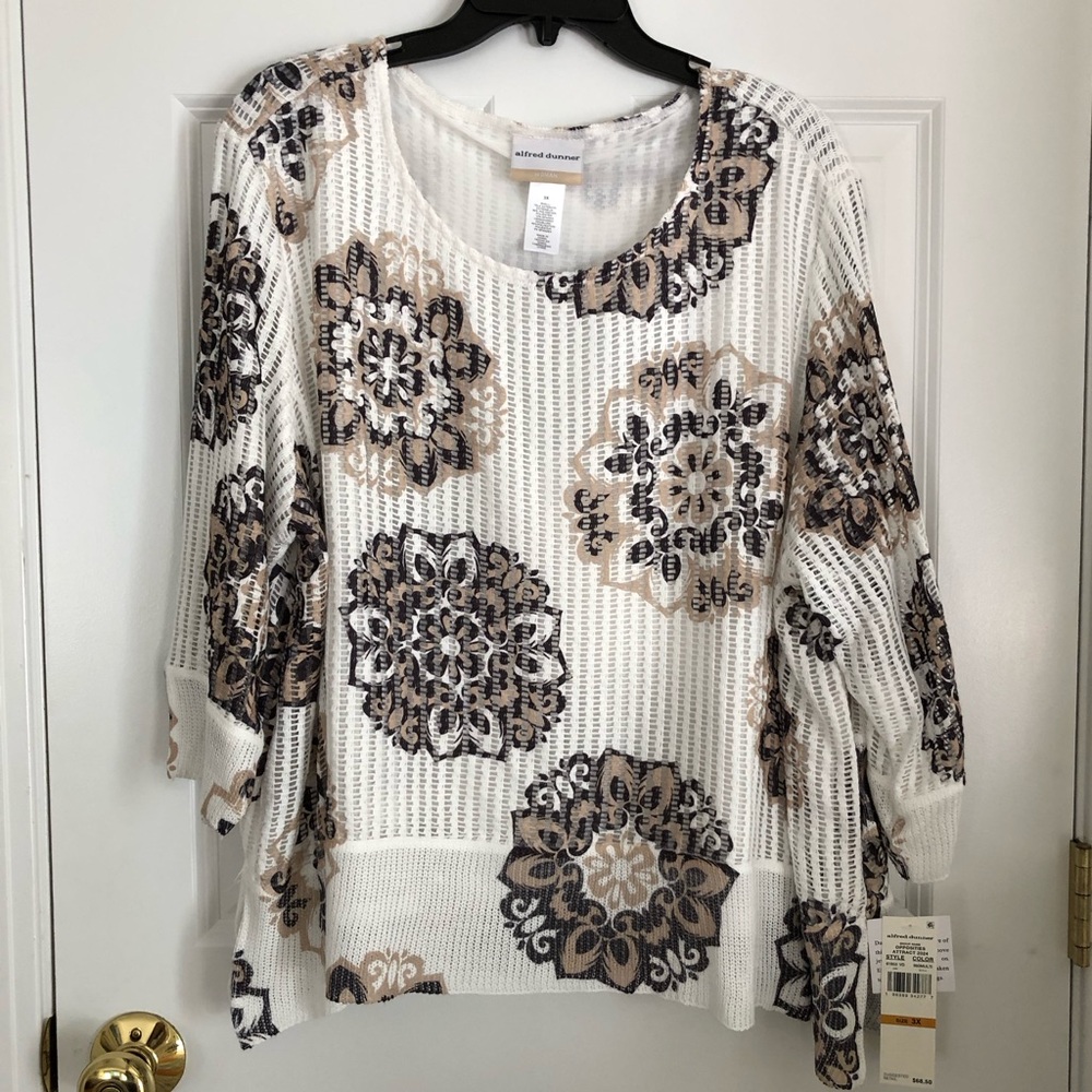 Alfred Dunner Women Blouse Top Women's Plus Size 3X Floral Beige Brown White ps2